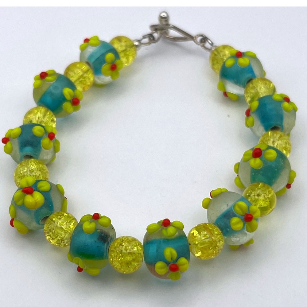 Artisan Lampwork Glass Bead Bracelet 925 Silver Toggle‎ Clasp – Aqua & Yellow